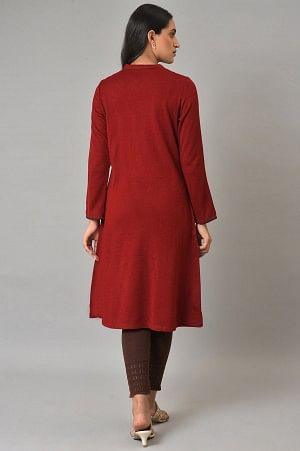 Red A-Line Embroidered Plus Size Winter kurta - wforwoman