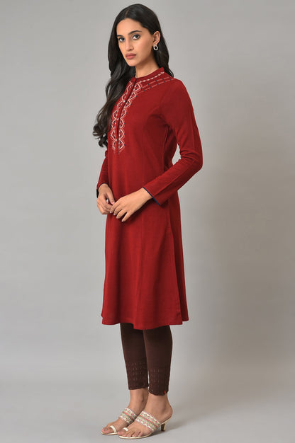 Red A-Line Embroidered Winter kurta