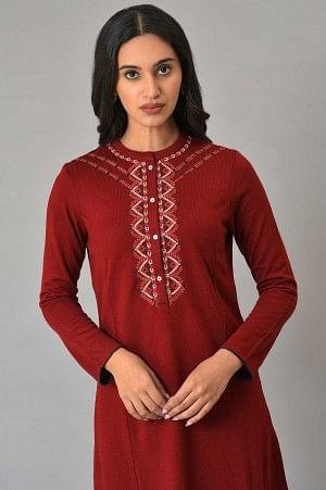 Red A-Line Embroidered Winter kurta - wforwoman