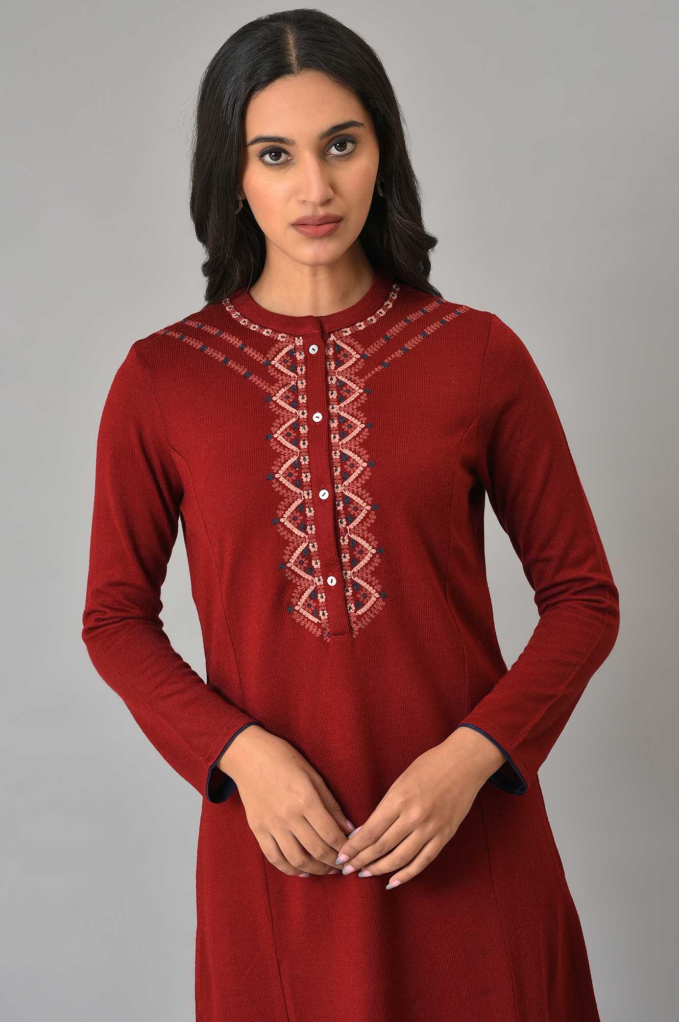 Red A-Line Embroidered Plus Size Winter kurta