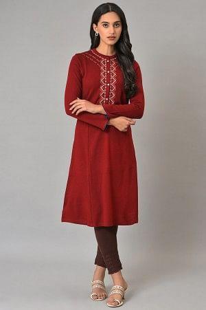 Red A-Line Embroidered Winter kurta - wforwoman