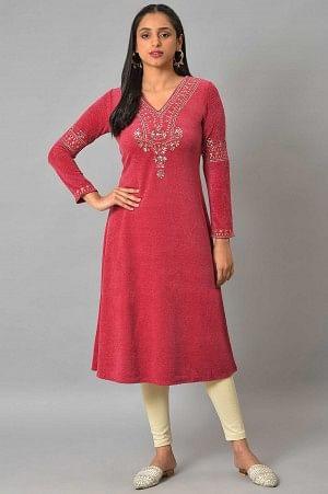 Red Embroidered With Beads Winter Festive kurta - wforwoman