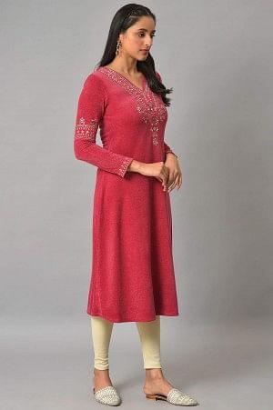 Red Embroidered With Beads Winter Festive kurta - wforwoman