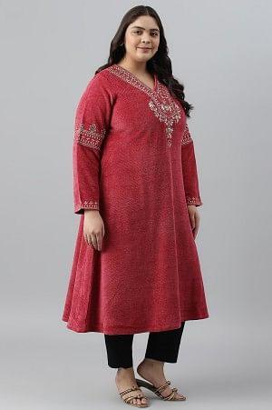 Red Flared Embroidered Winter kurta - wforwoman