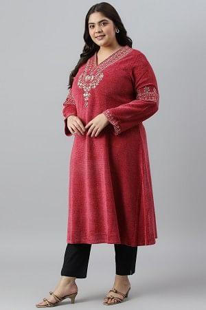 Red Flared Embroidered Winter kurta - wforwoman