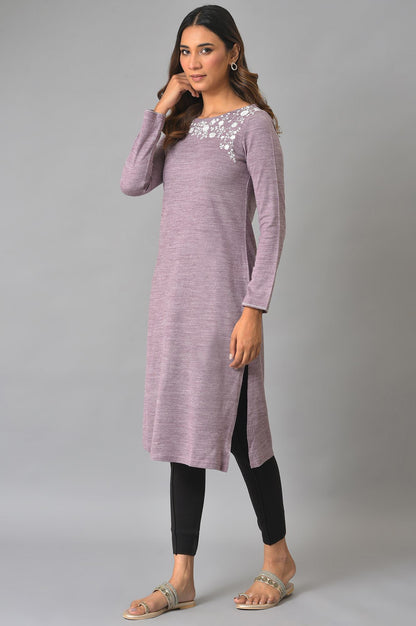 Purple Embroidered Asymmetrical Winter kurta