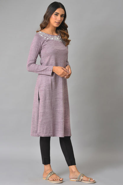 Purple Embroidered Asymmetrical Winter kurta