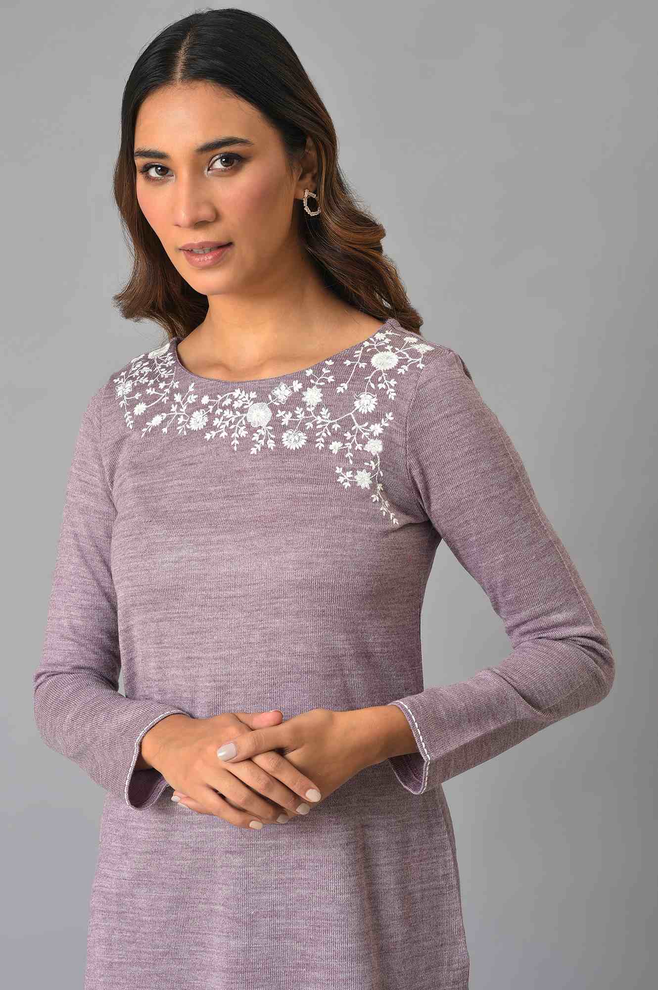 Purple Embroidered Asymmetrical Winter kurta