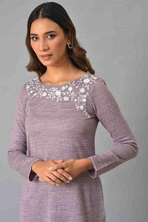 Purple Embroidered Asymmetrical Winter kurta - wforwoman
