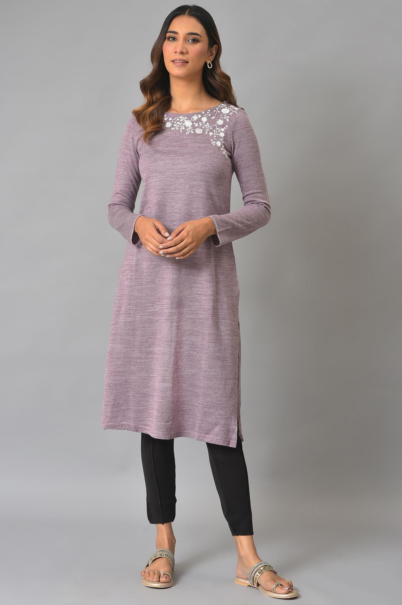 Purple Embroidered Asymmetrical Winter kurta