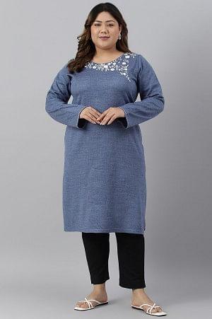 Plus Size Blue Embroidered Asymmetrical Winter kurta - wforwoman