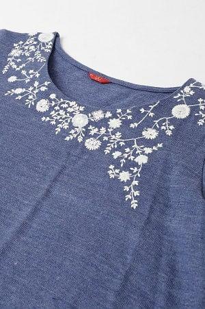 Plus Size Blue Embroidered Asymmetrical Winter kurta - wforwoman