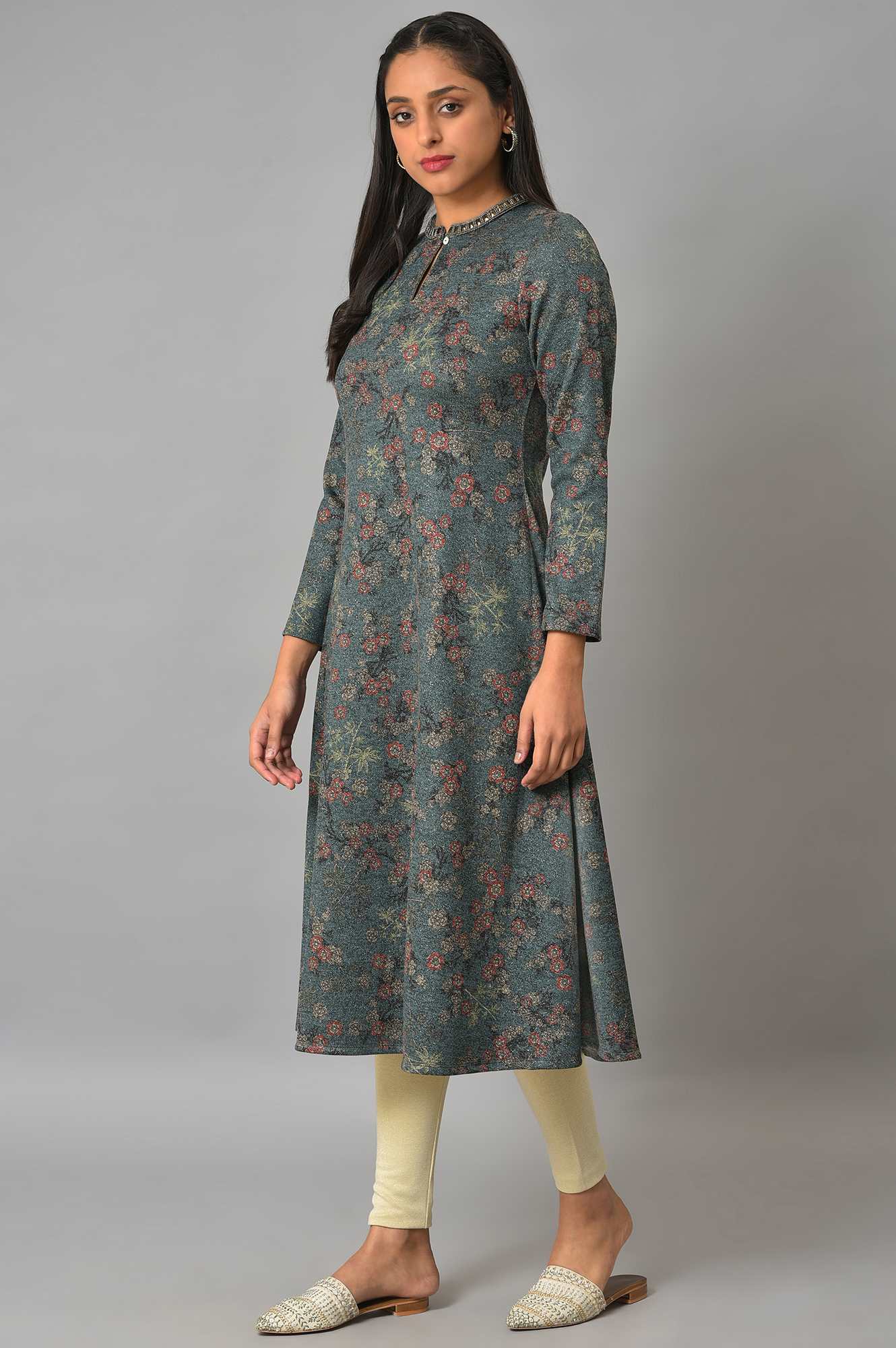 Teal Blue Flared Winter kurta