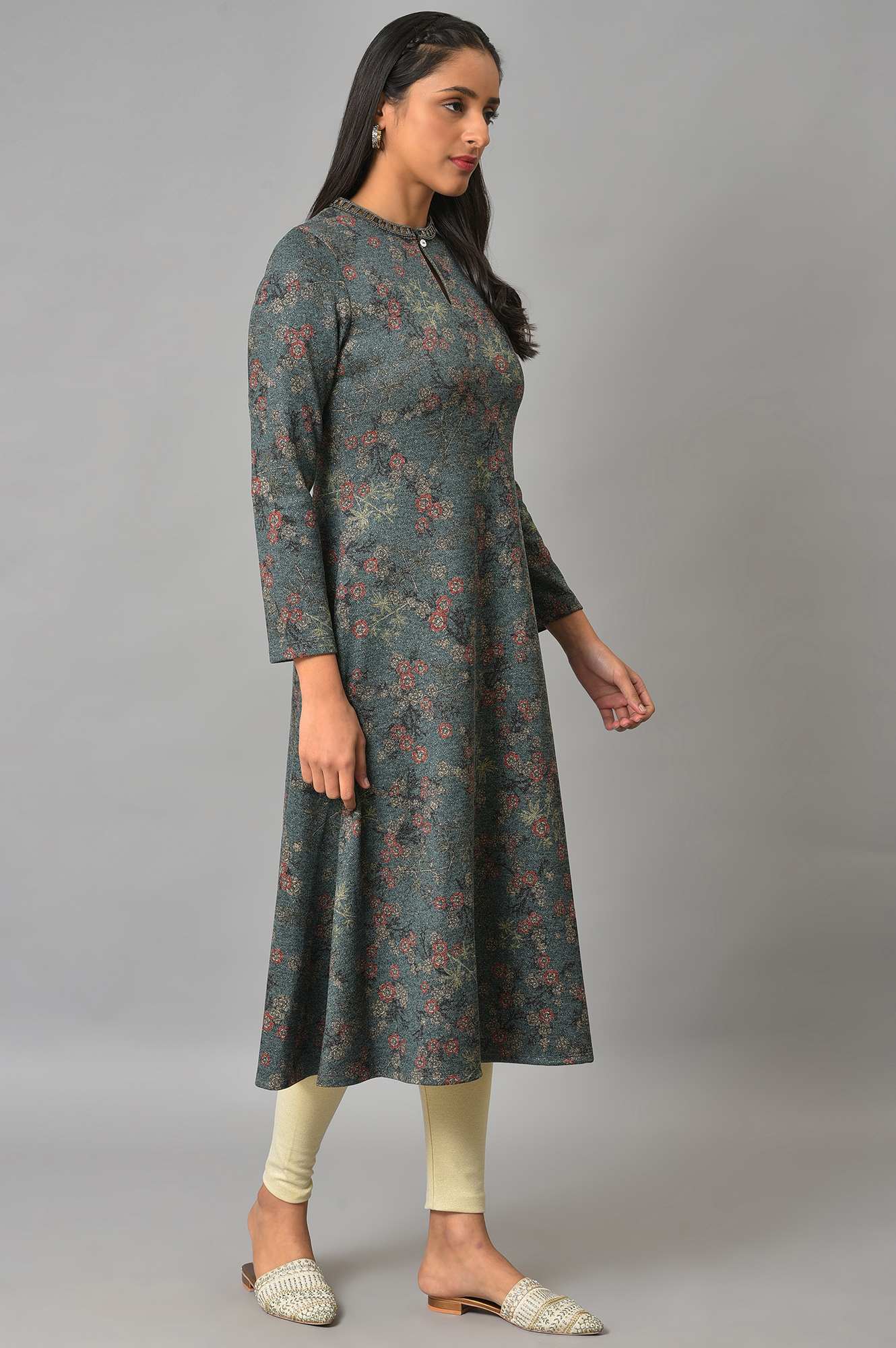 Teal Blue Flared Winter kurta