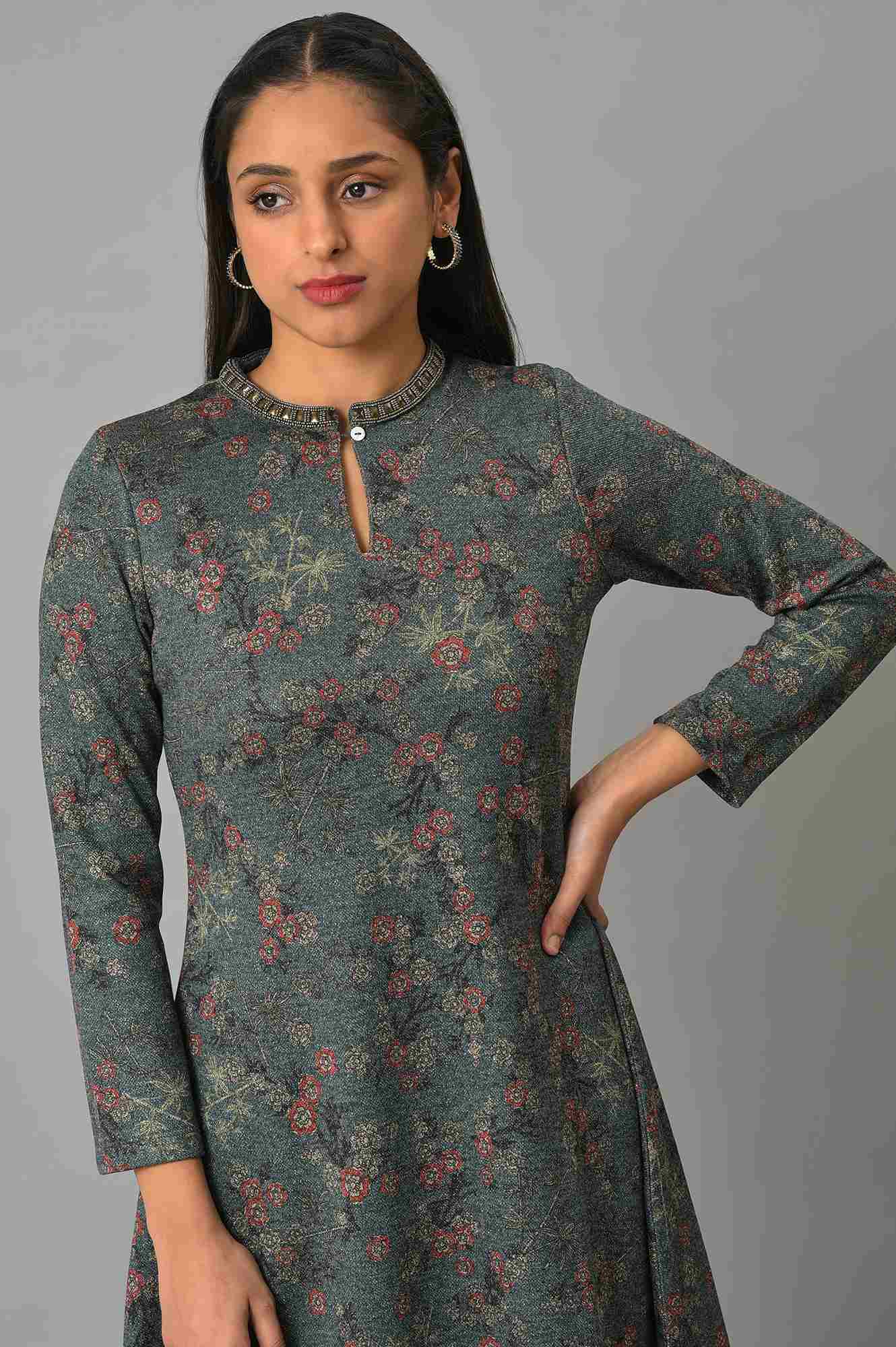 Teal Blue Flared Winter kurta