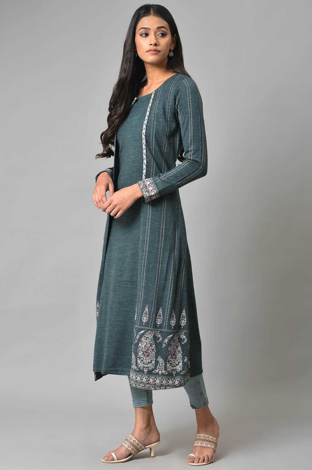 Blue Mock Layer Printed Winter kurta