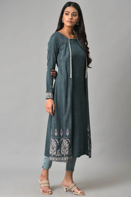 Blue Mock Layer Printed Winter kurta