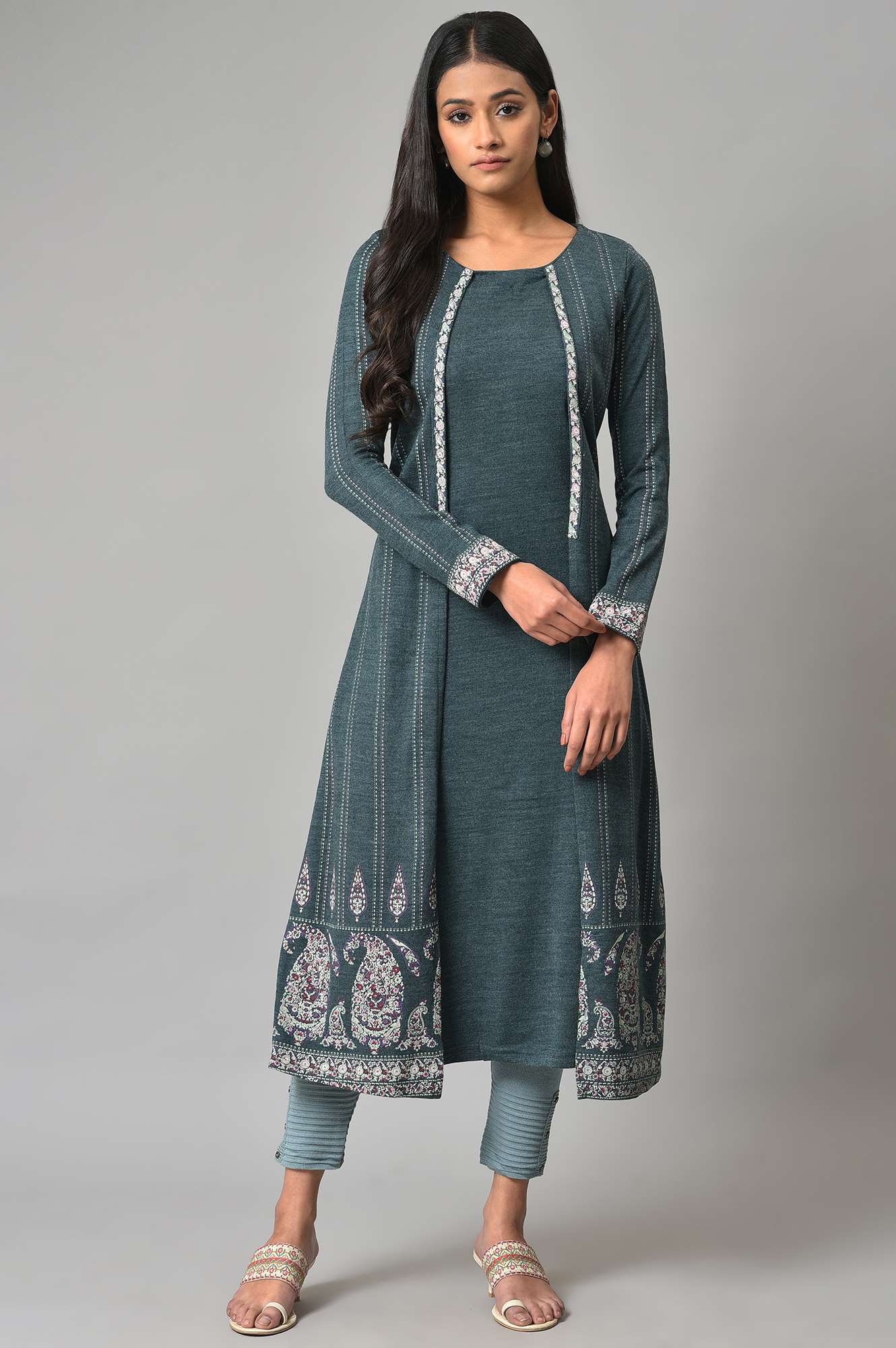 Blue Mock Layer Printed Winter kurta