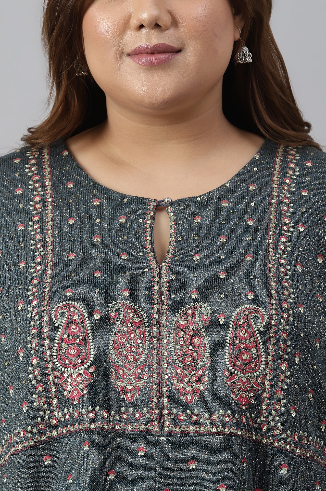 Teal Printed A-Line Plus Size Winter kurta