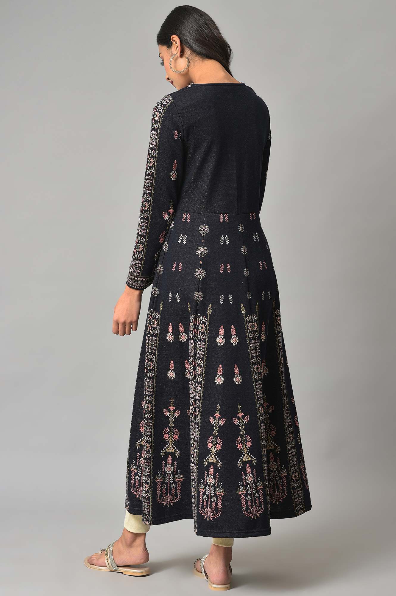 Navy Jacquard Flared Winter kurta