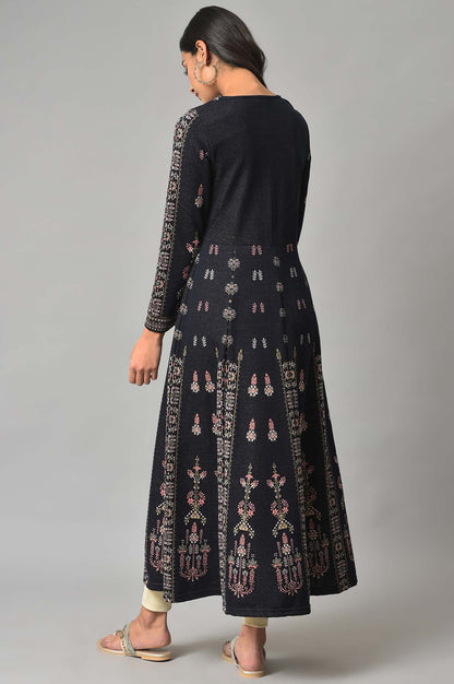 Navy Jacquard Flared Plus Size Winter kurta