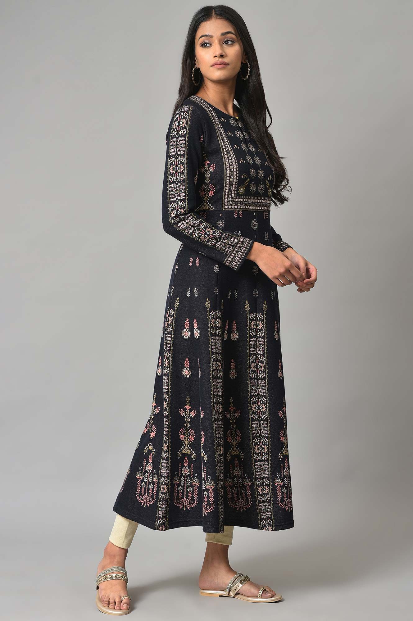 Navy Jacquard Flared Winter kurta