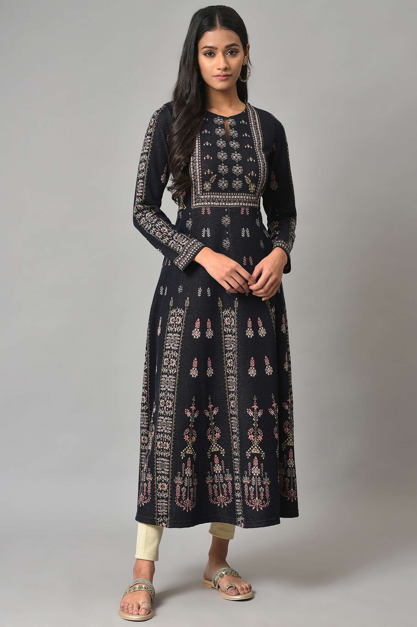 Navy Jacquard Flared Plus Size Winter kurta