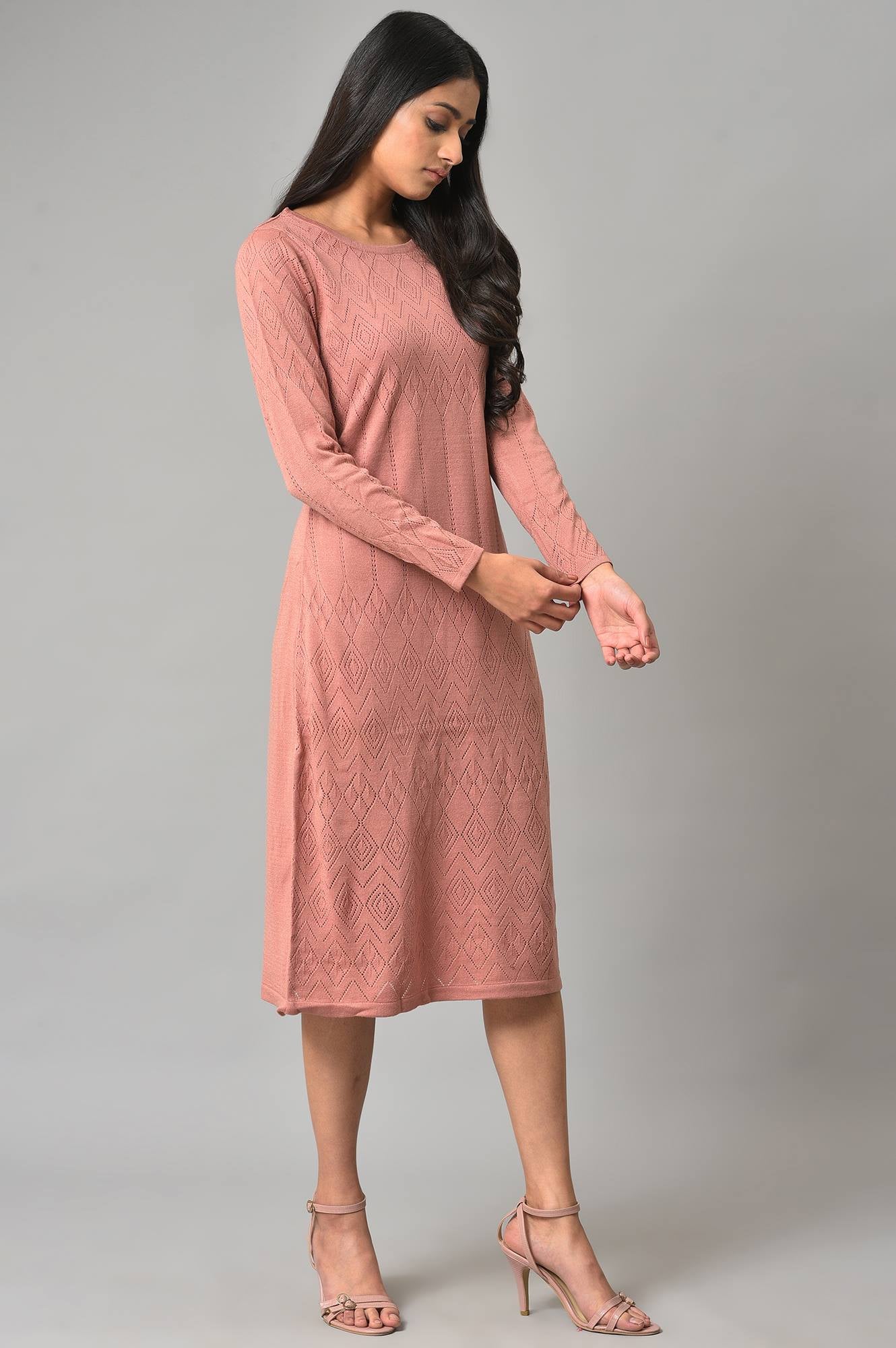 Pink Knitted Western Winter Dress