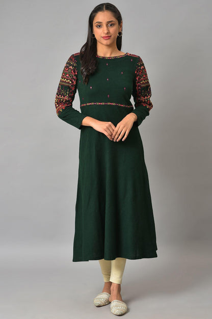 Green Heavy Embroidered Winter kurta - wforwoman