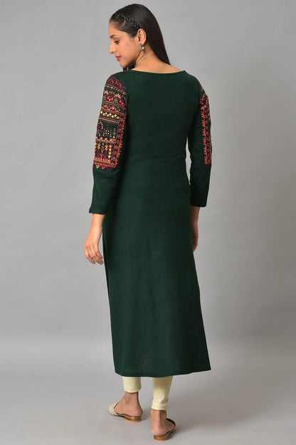 Green Heavy Embroidered Winter kurta - wforwoman