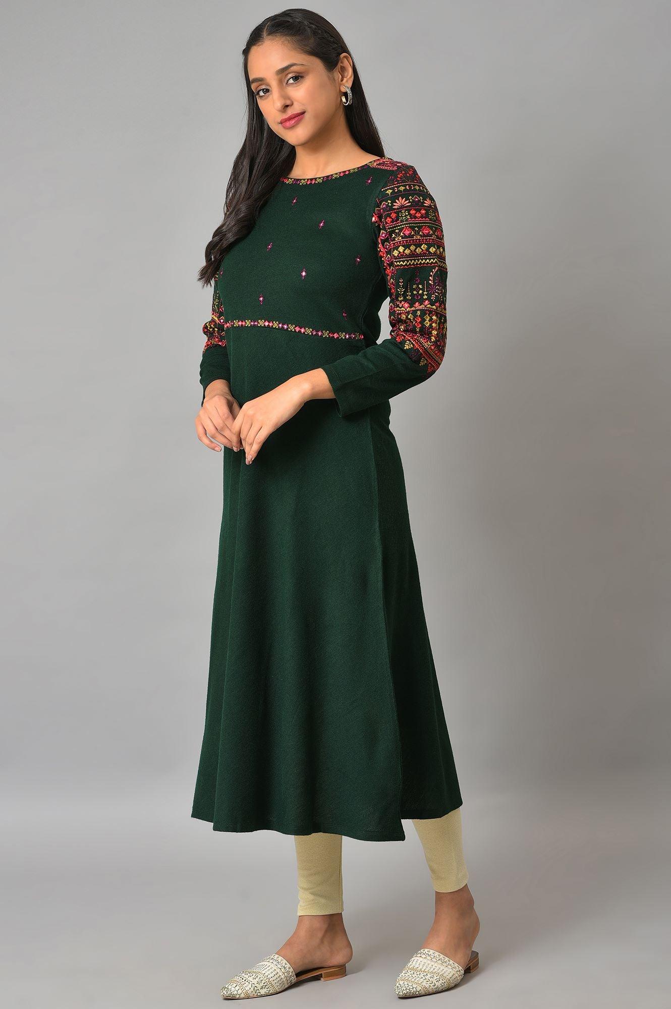 Green Heavy Embroidered Winter kurta - wforwoman