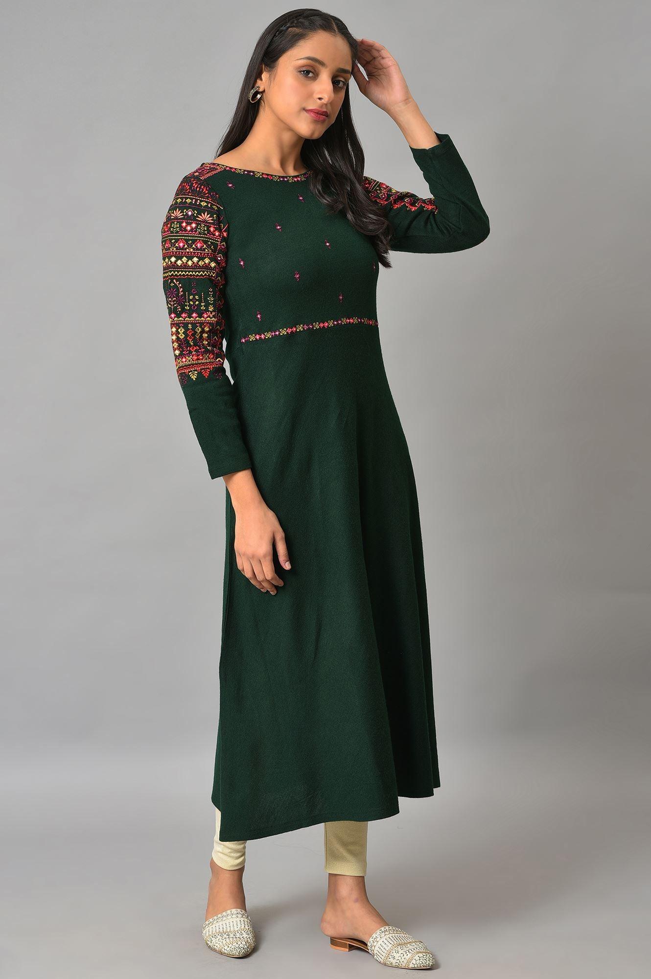 Green Heavy Embroidered Winter kurta - wforwoman