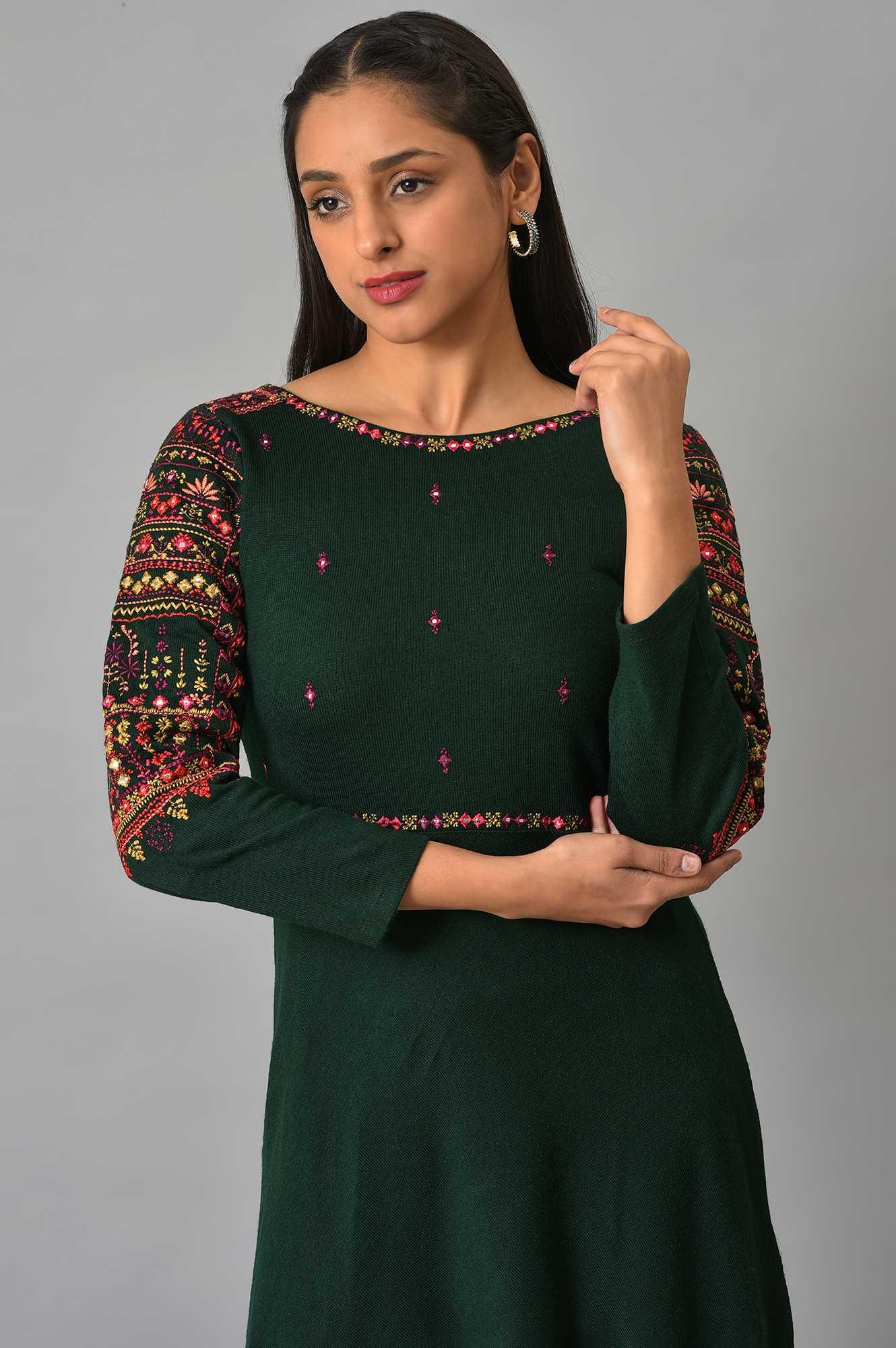 Green Heavy Embroidered Winter kurta - wforwoman