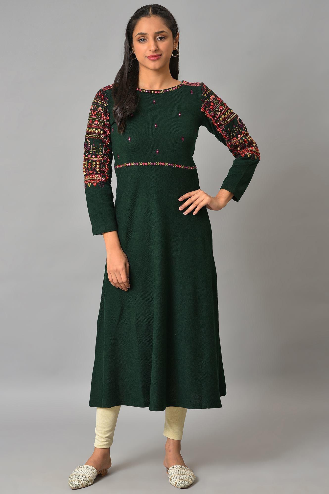 Green Heavy Embroidered Winter kurta - wforwoman