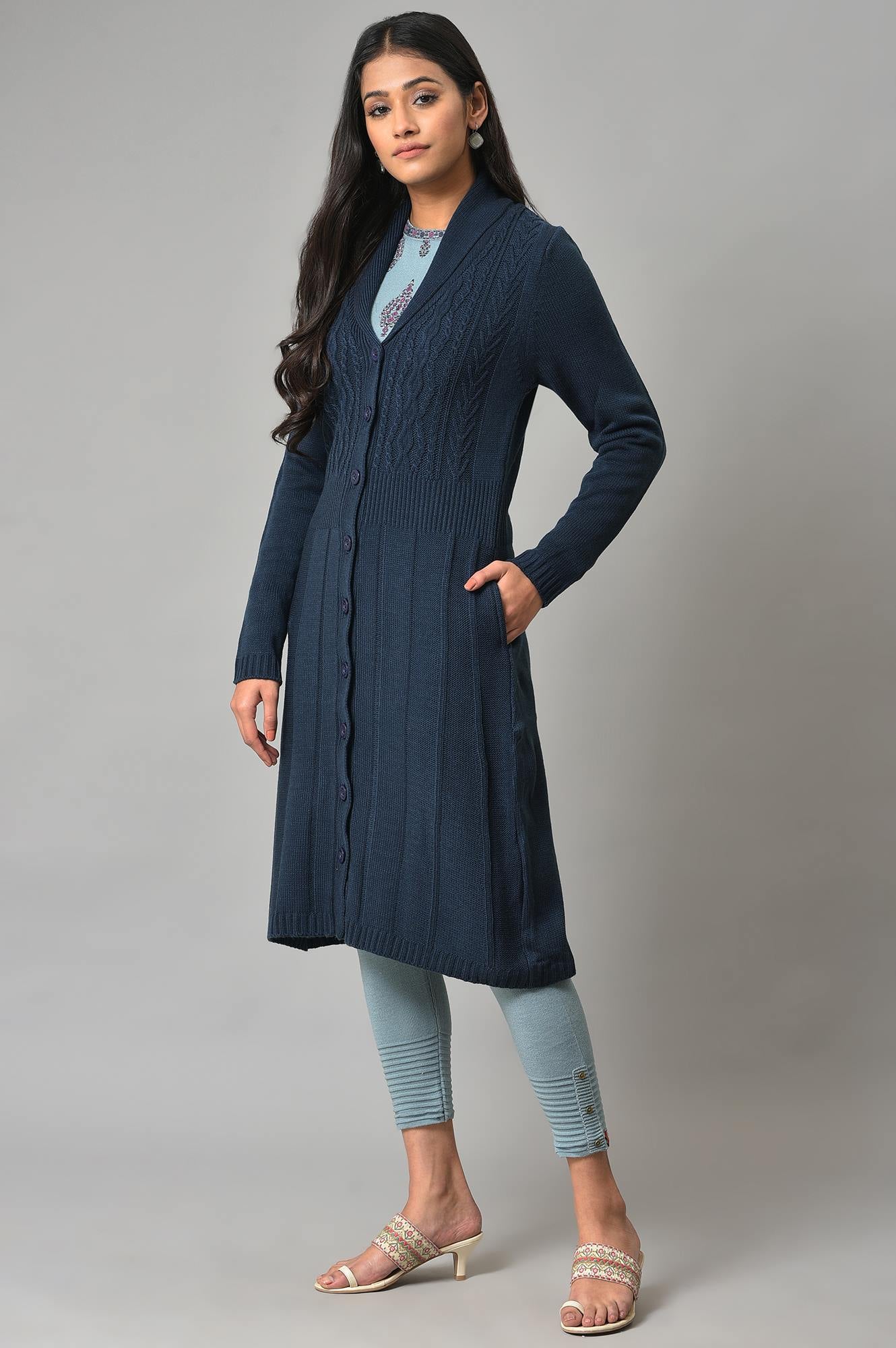 Blue Shawl Collar Knitted Cardigan