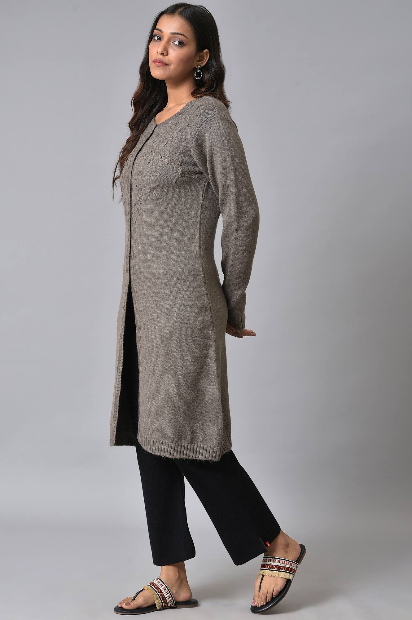 Grey Embroidered Women Cardigan