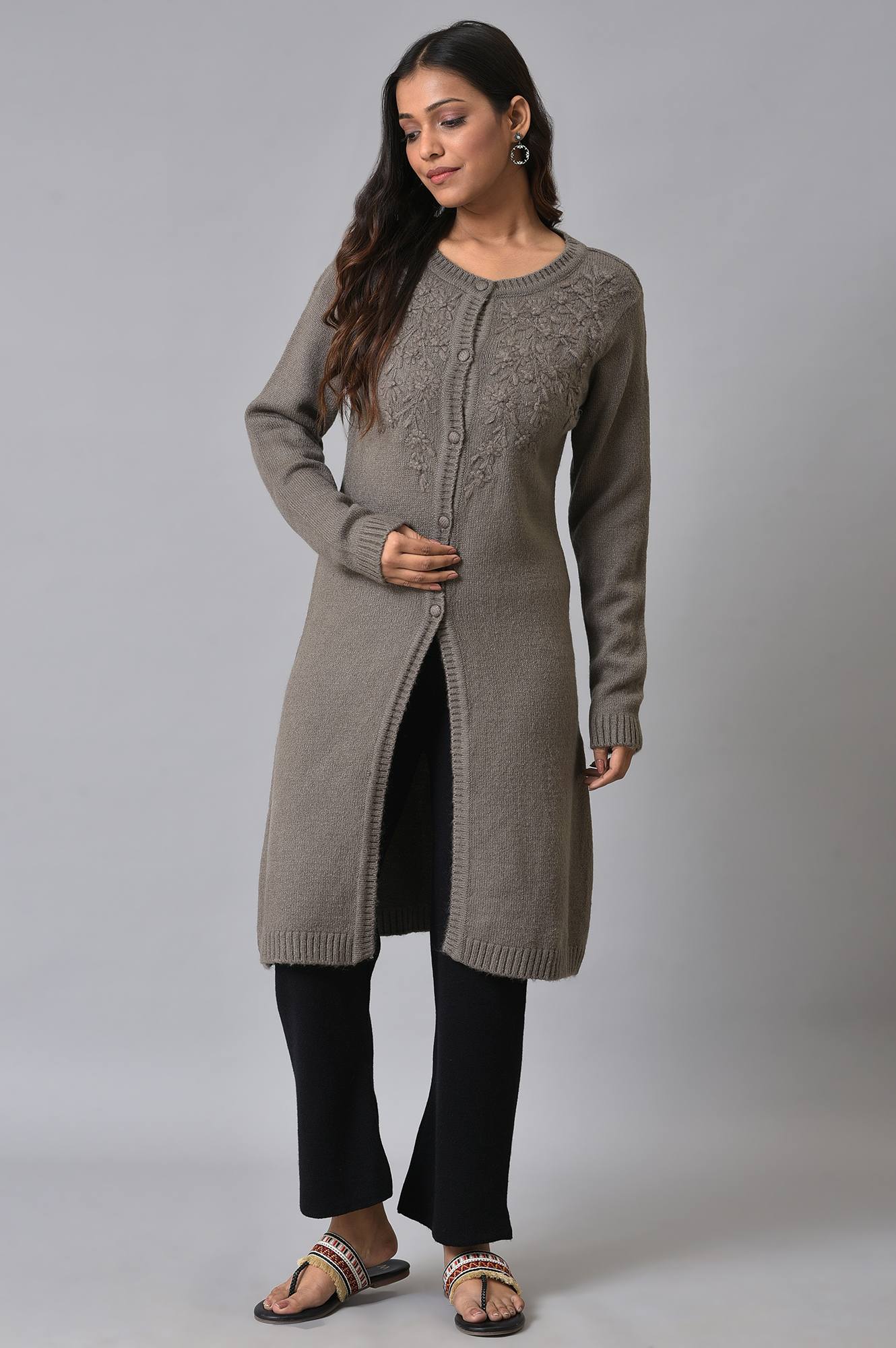 Grey Embroidered Women Cardigan