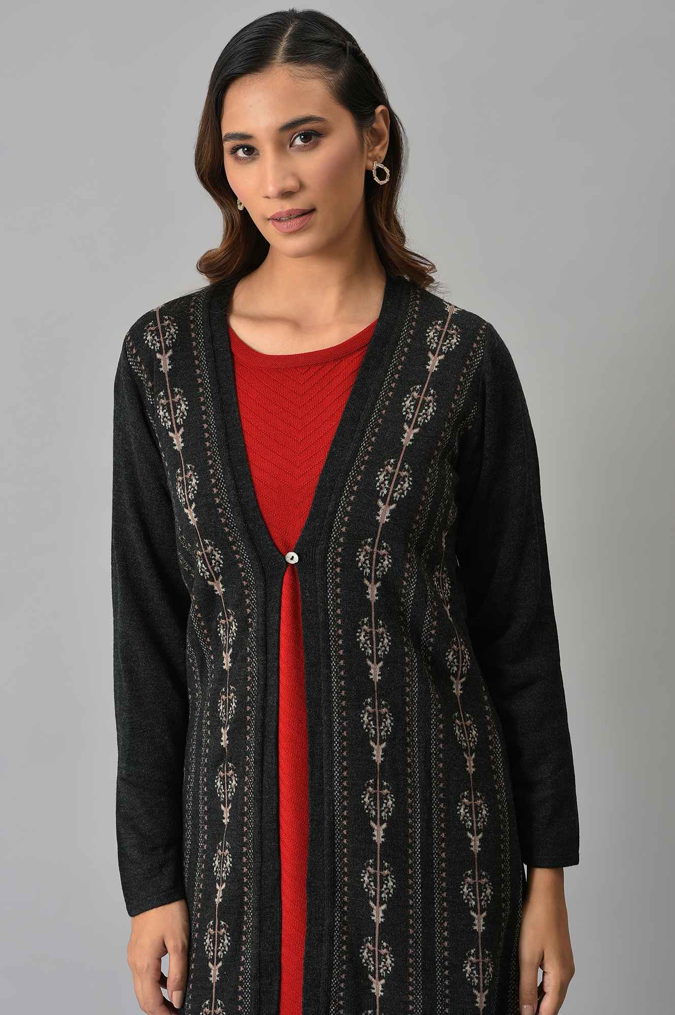 Grey Floral Printed Women Cardigan