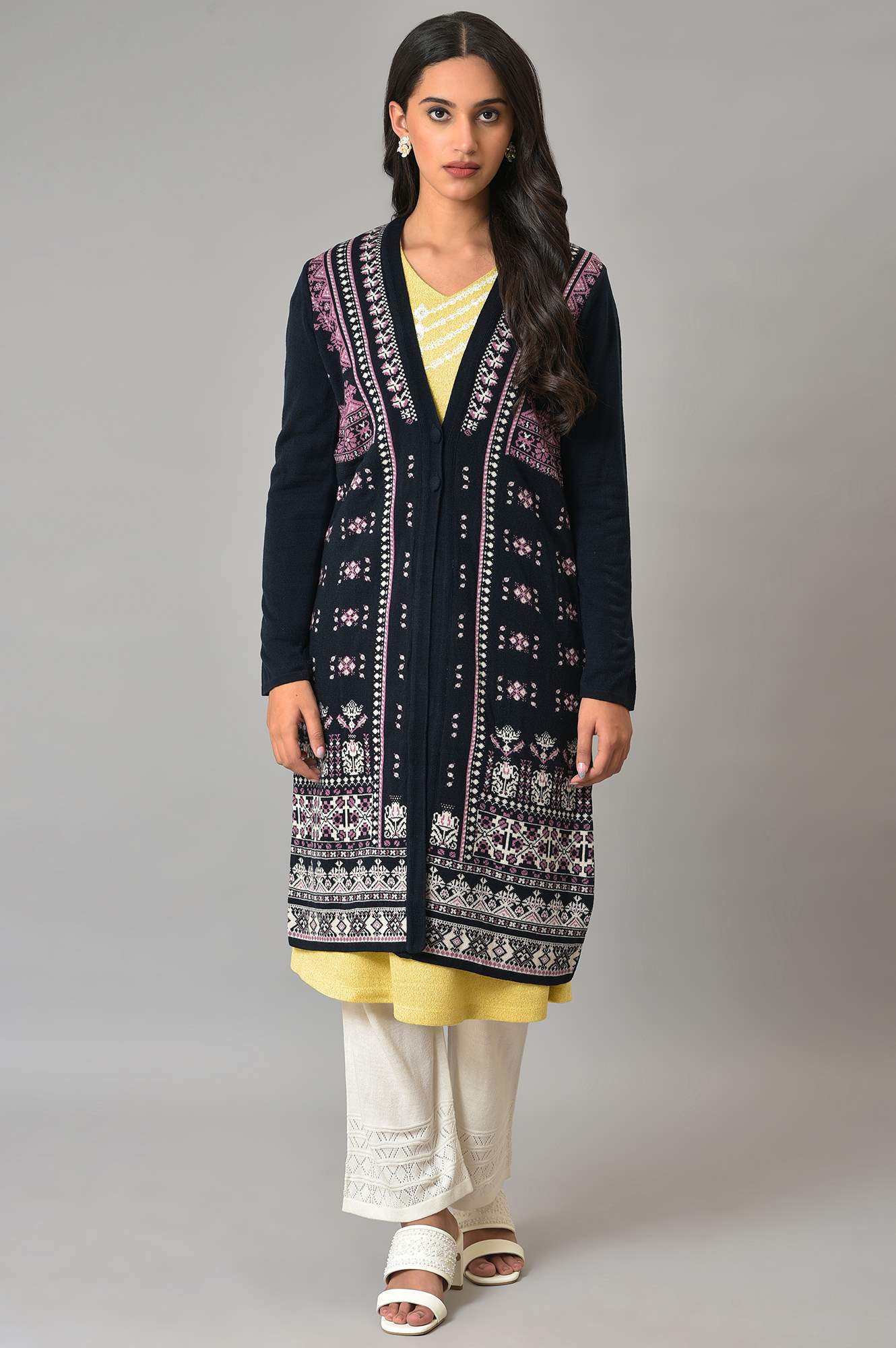 Dark Blue Printed Women Cardigan