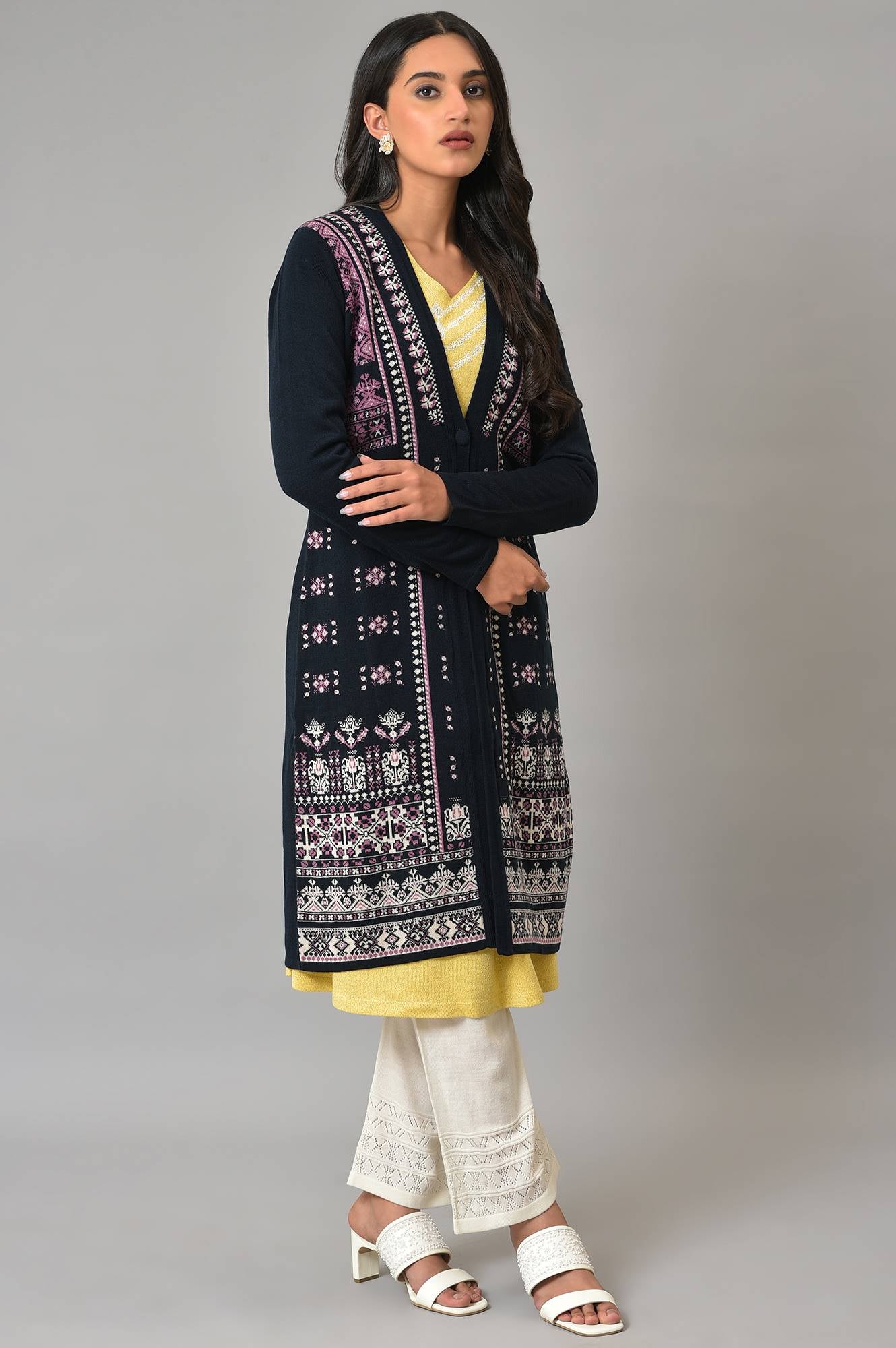 Dark Blue Printed Women Cardigan