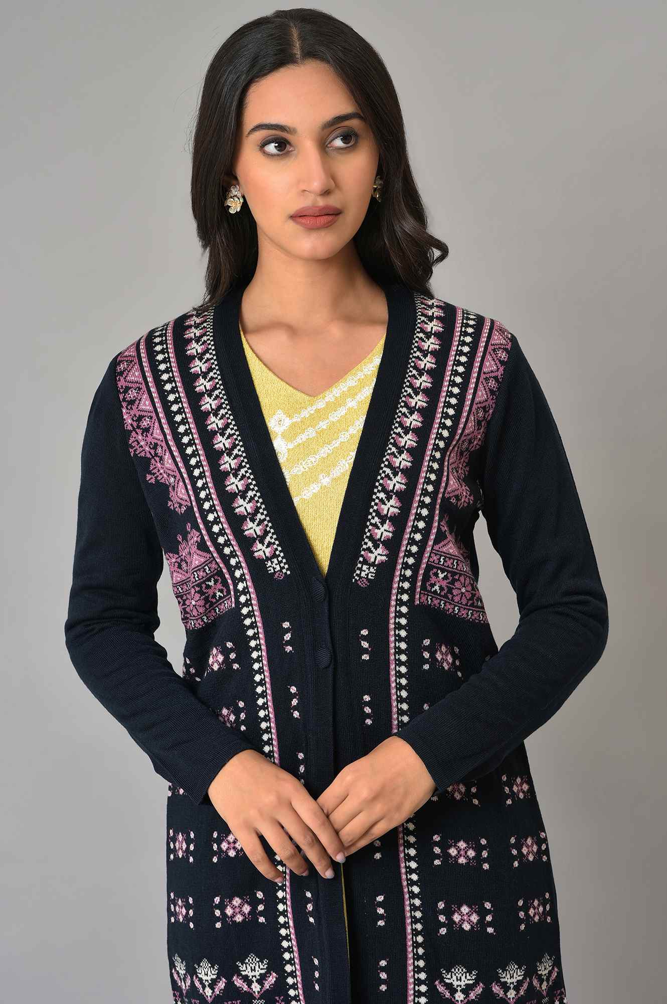 Dark Blue Printed Women Cardigan