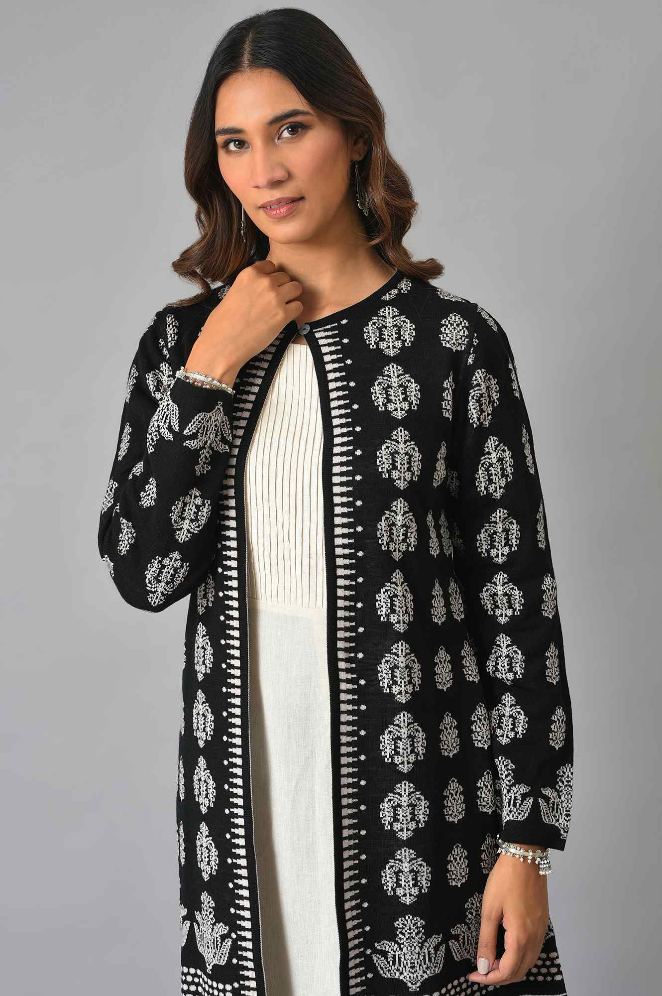 Black And Light Purple Floral Printed Reversible Cardigan