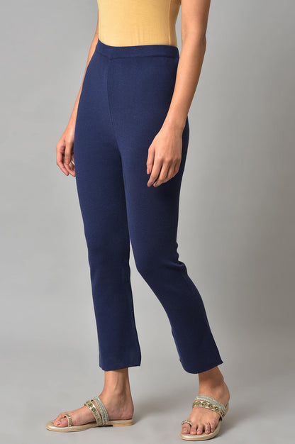 Blue Knitted Women Straight Pants