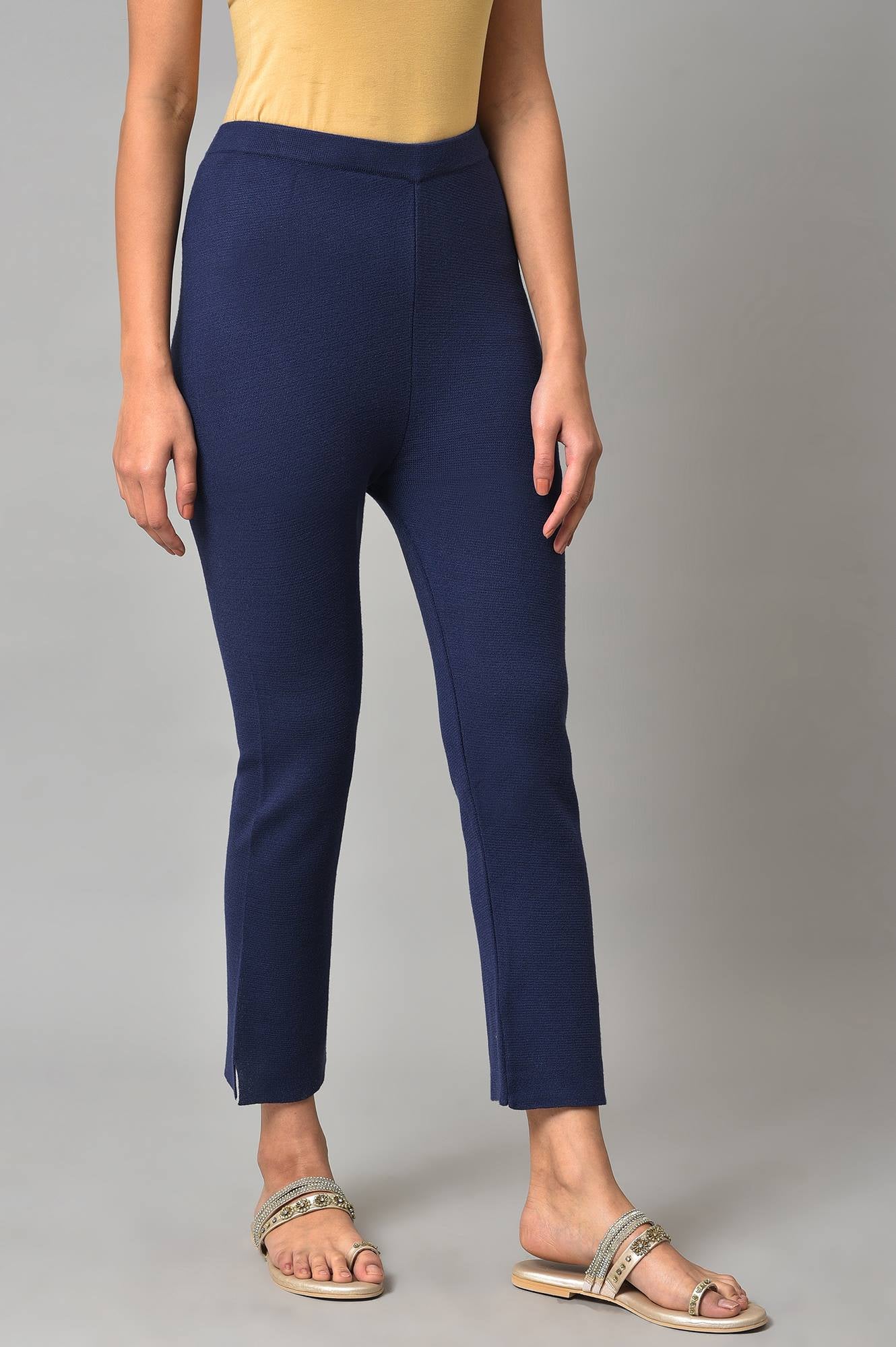 Blue Knitted Women Straight Pants