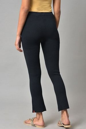 Dark Blue Solid Knitted Flared Pants