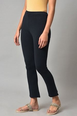 Dark Blue Solid Knitted Flared Pants