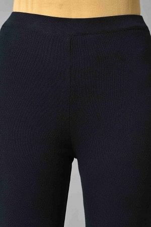 Dark Blue Solid Knitted Flared Pants