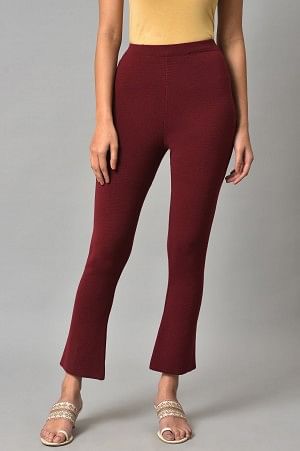 Dark Red Solid Knitted Flared Pants