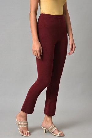 Dark Red Solid Knitted Flared Pants