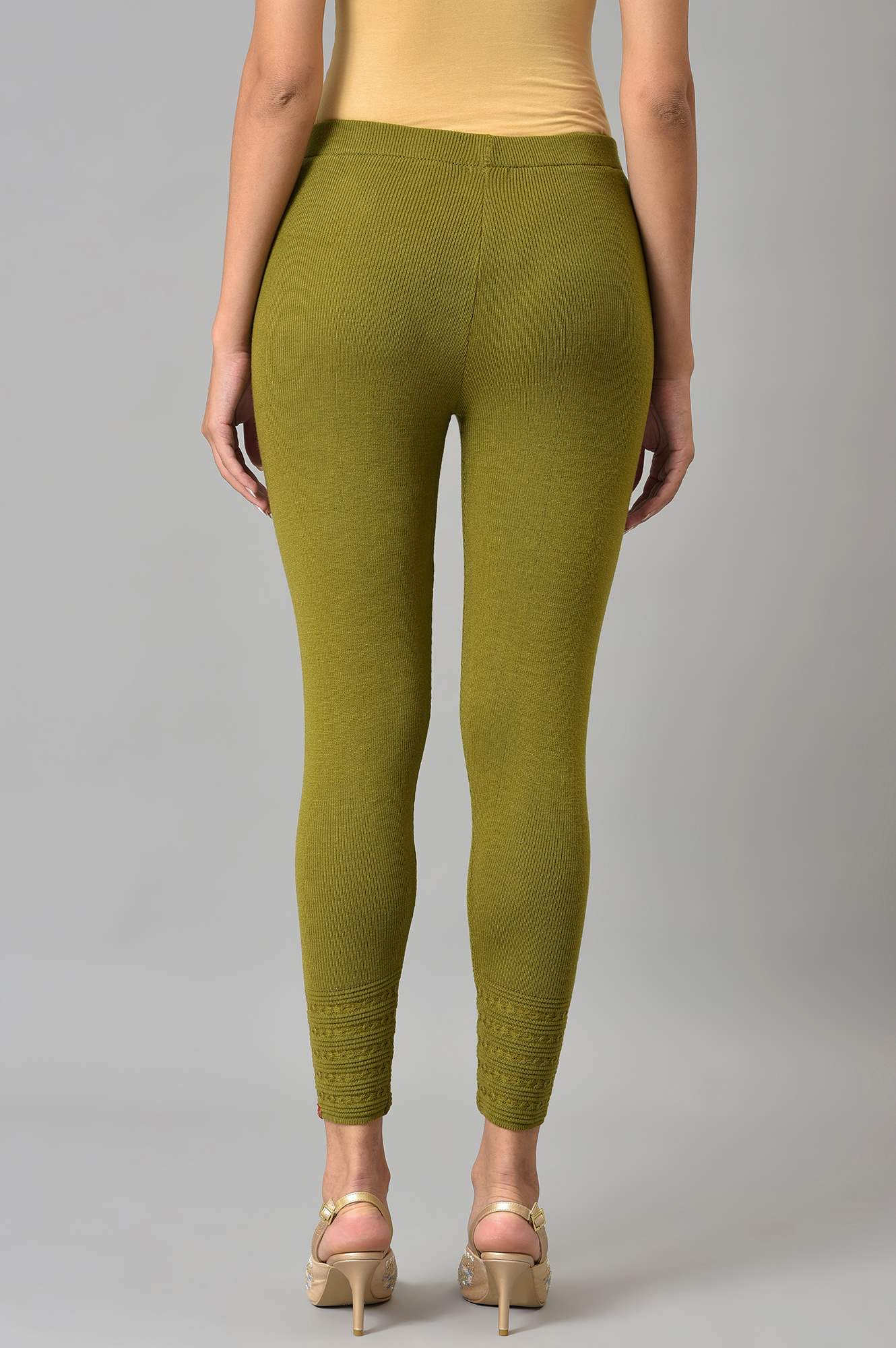 Olive Knitted Winter Leggings With Pintucks